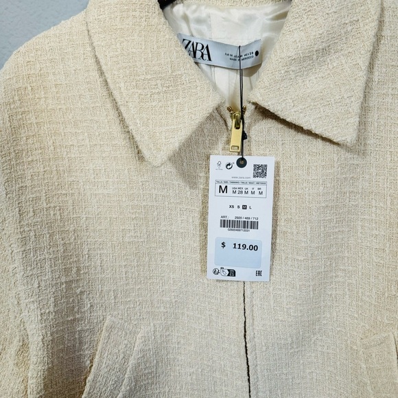 Zara Women Bloggers Favorite Ecru Textured Weave Bomber Collared Zip Jacket Sz M - Picture 16 of 17